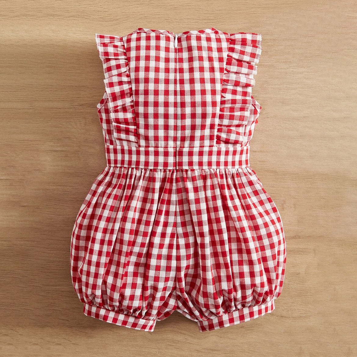 Chic Plaid Print Ruffle Trim Flutter Sleeve Baby Jumpsuit