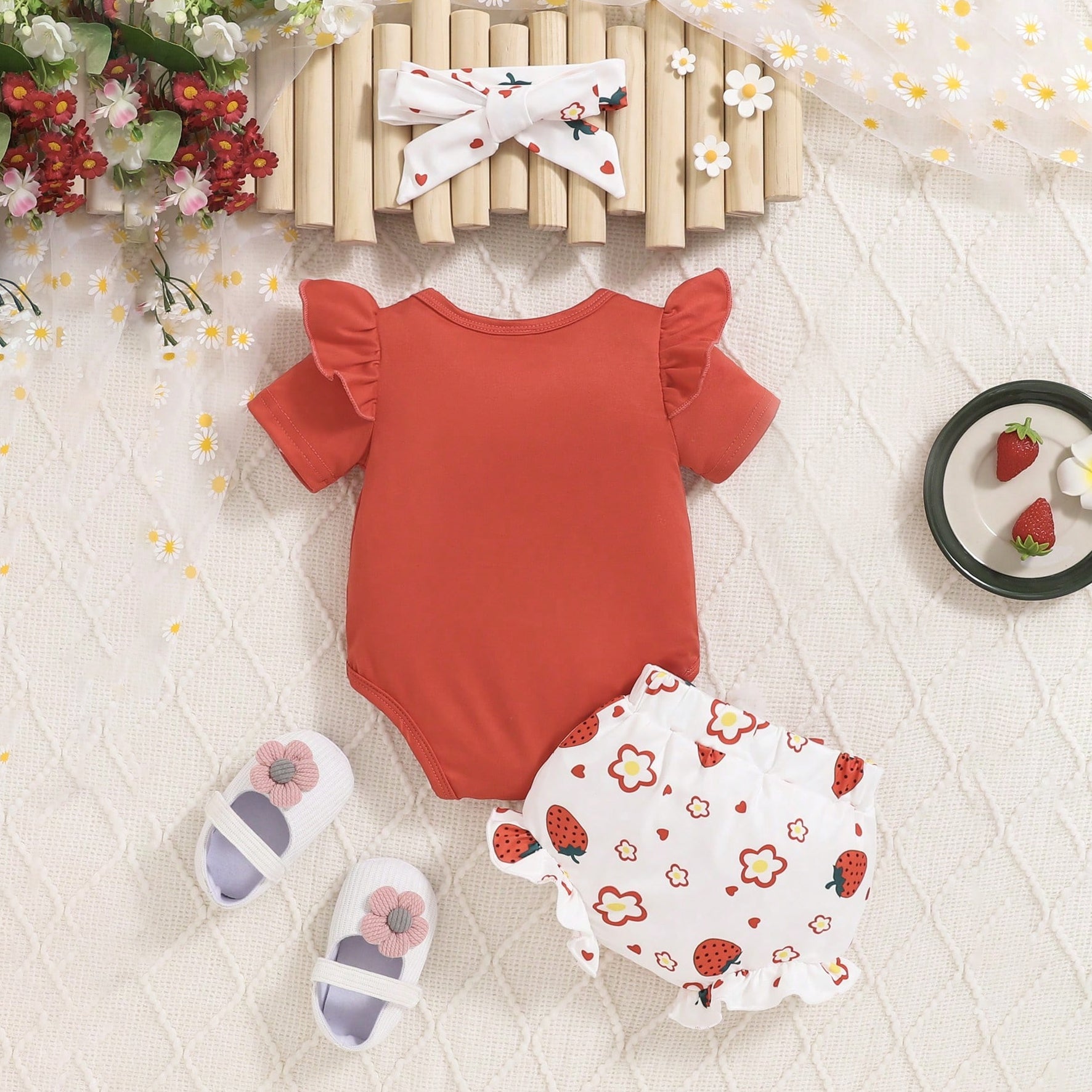 3PCS Sweet Strawberry Letter Printed Baby Set
