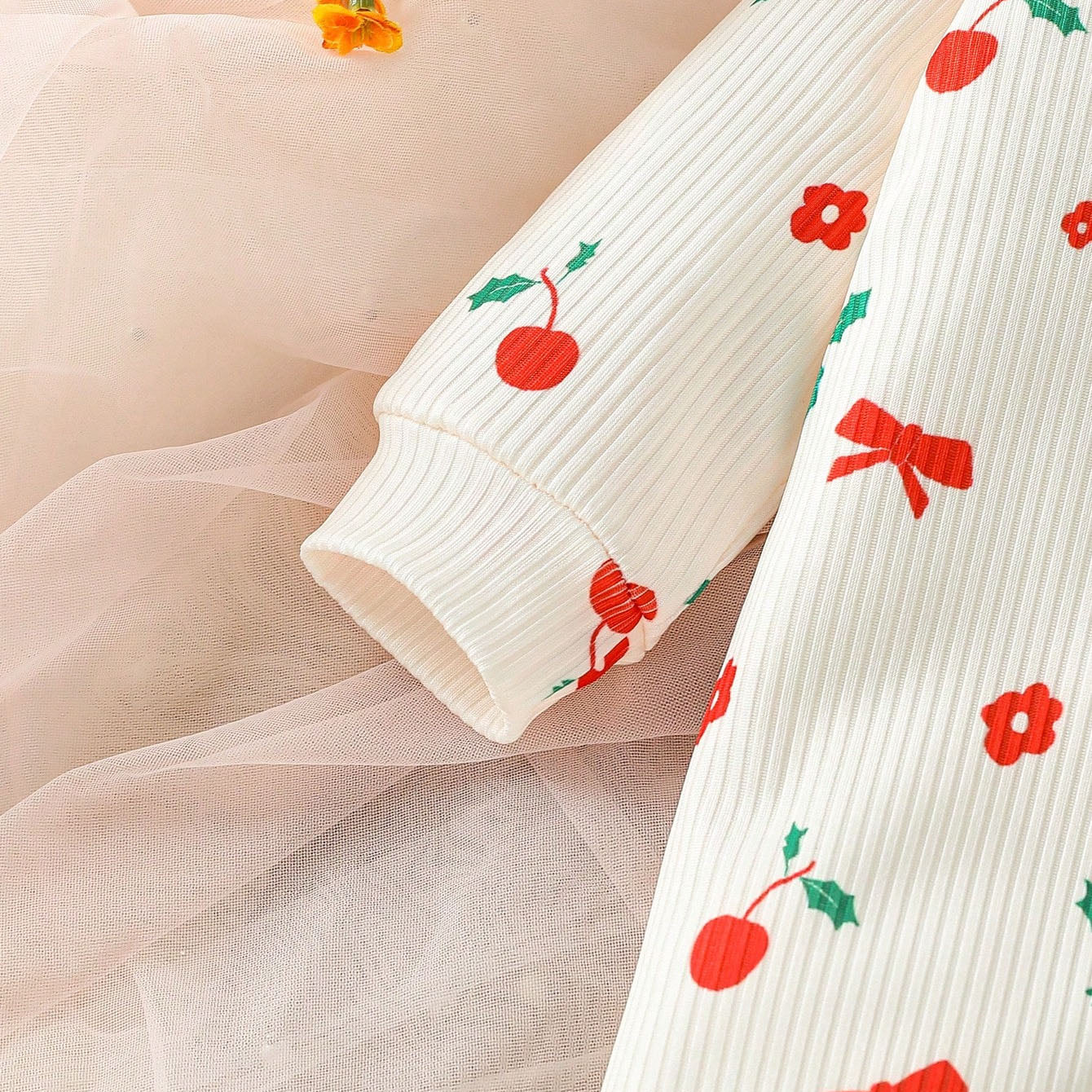 2PCS Cherry Print Long Sleeve Baby Girl Jumpsuit