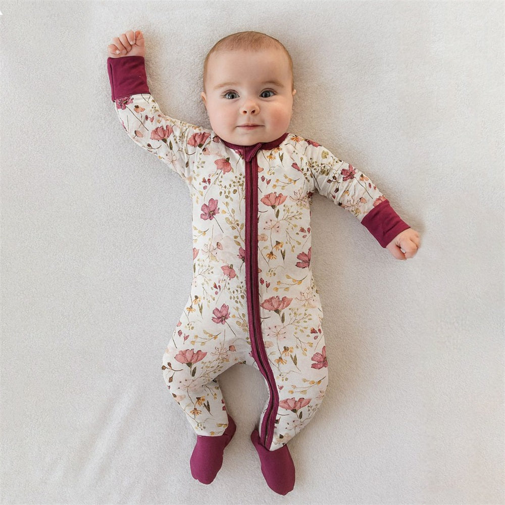 Stylish Casual Floral Print Long Sleeve Zipper Baby Jumpsuit