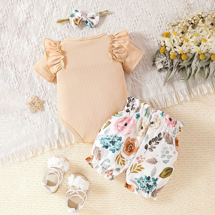 3PCS Solid Color Romper And Floral Printed Shorts Baby Set