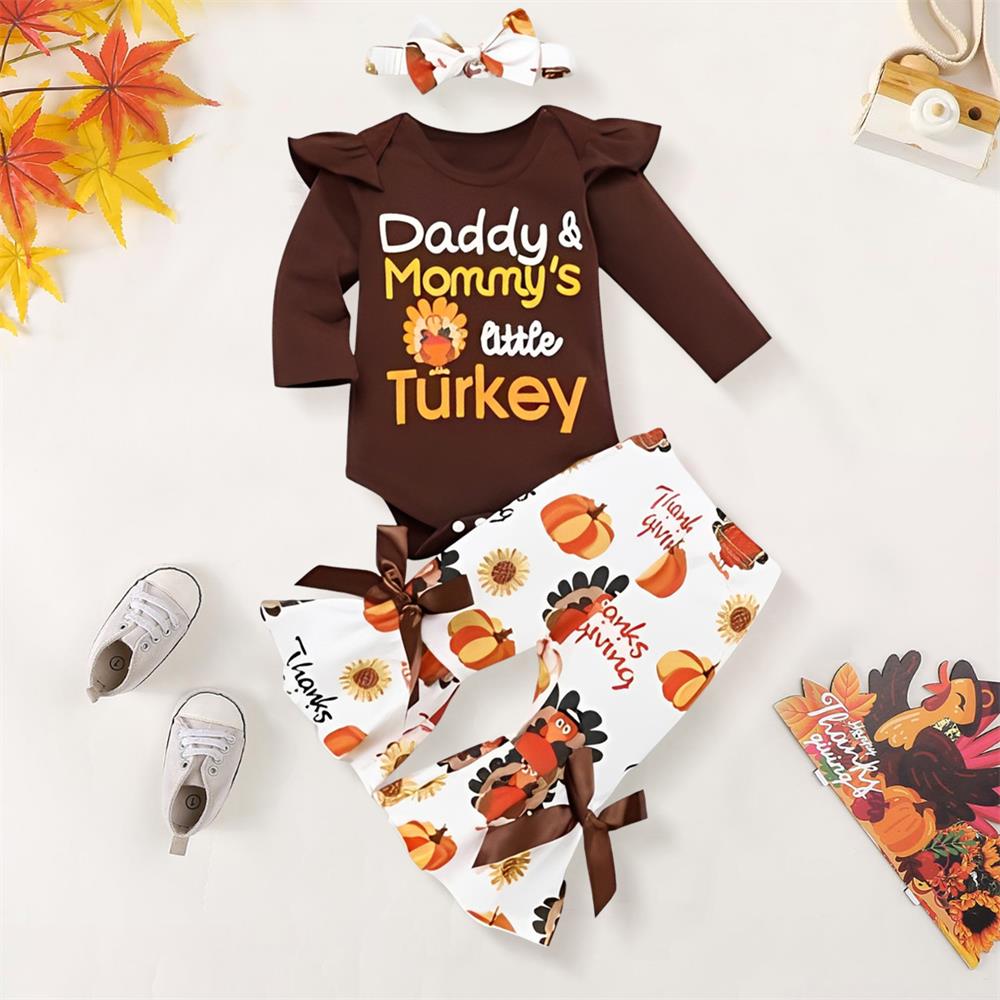 3PCS Daddy & Mommy's Little Turkey Letter Printed Baby Set