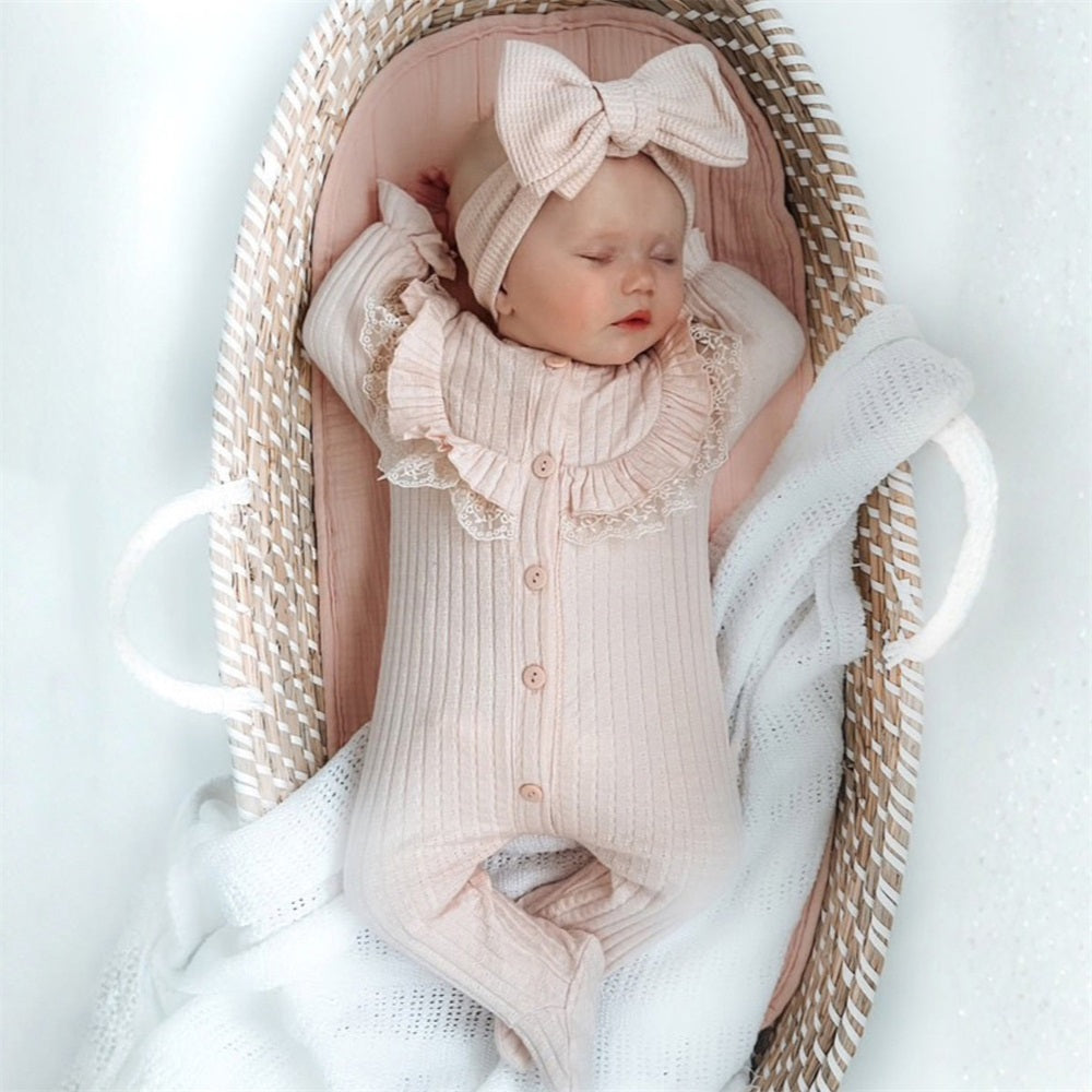 2PCS Solid Color Rib Long Sleeve Lace Trim Baby Jumpsuit