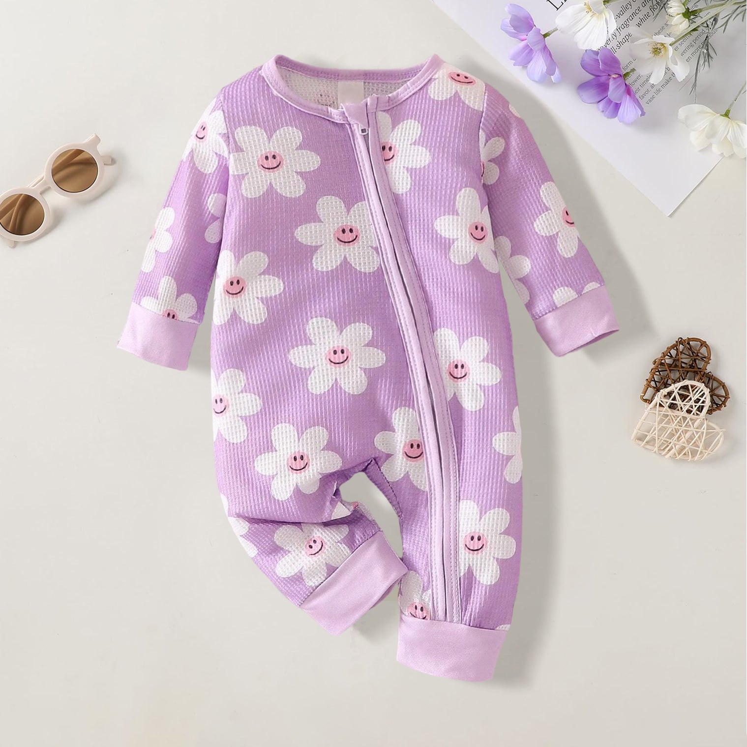 Playful Floral Printed Long Sleeve Zipper Baby Jumpsuit