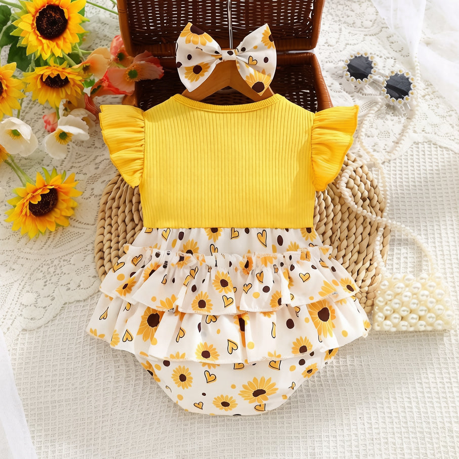 2PCS Cute Sunflower Print Flutter Sleeve Baby Romper