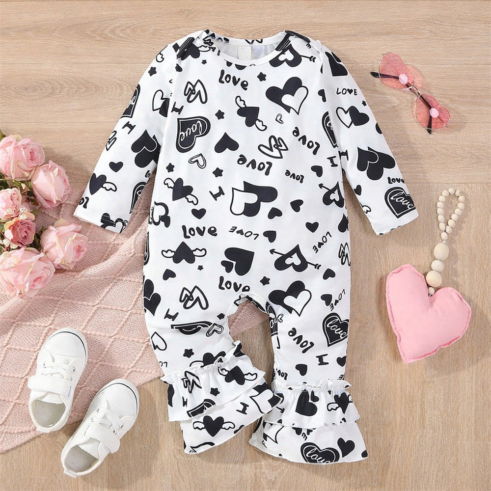Casual Love Letter Heart Print Long Sleeve Baby Jumpsuit