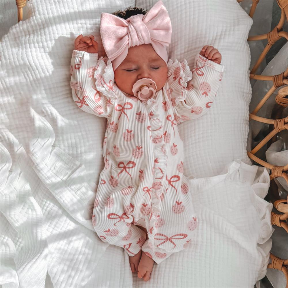 Strawberry and Bow Print Ruffle Long Sleeve Baby Jumpsuit