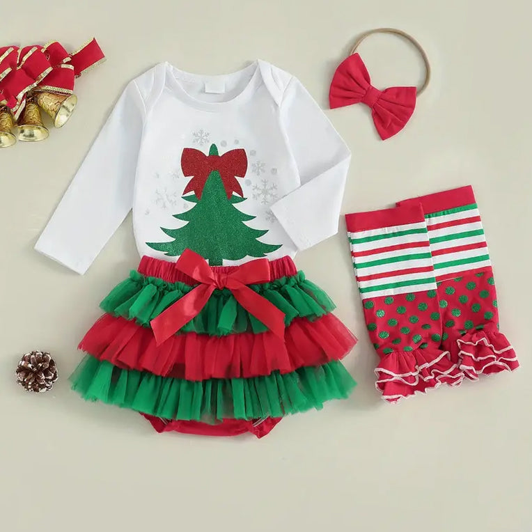 4PCS Christmas Tree Printed Mesh Baby Set