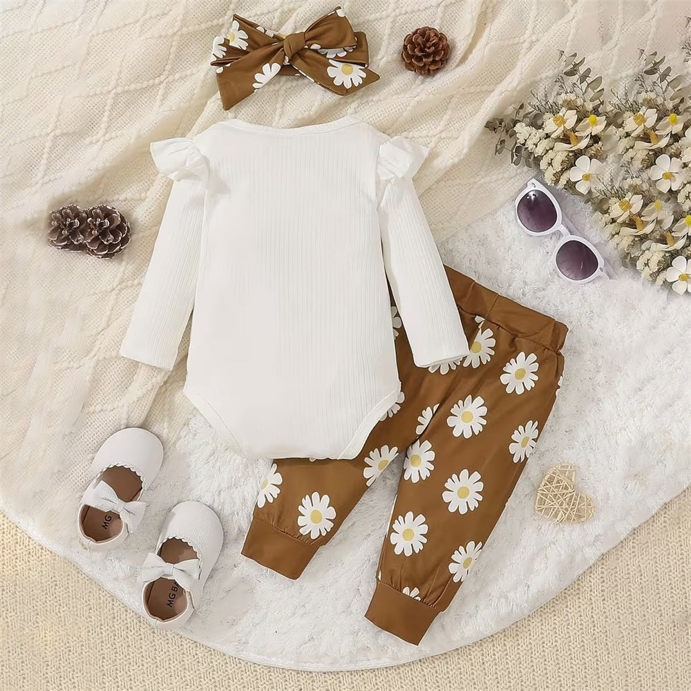 3PCS Auntie Is My Bestie Letter Embroidery Floral Print Baby Set