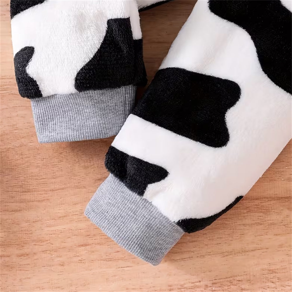 2PCS Cute Cow Print Fuzzy Long Sleeve Hoodie Baby Set