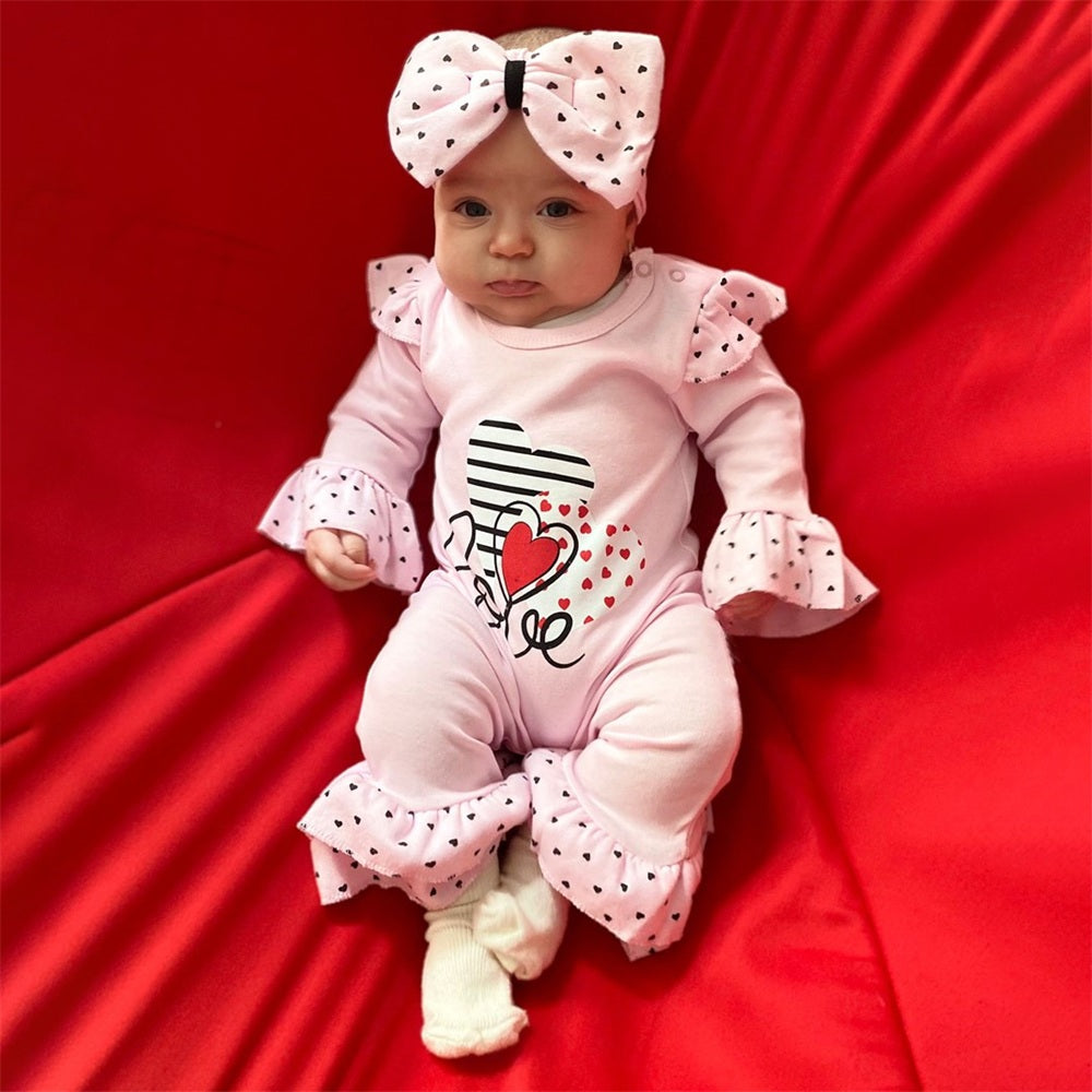 2PCS Love Letter Heart Long Sleeve Ruffle Baby Jumpsuit