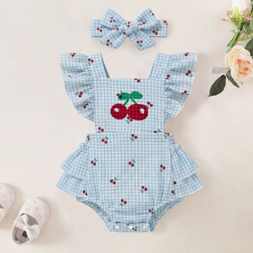 2PCS Plaid Cherry Printed Fly Sleeve Baby Romper
