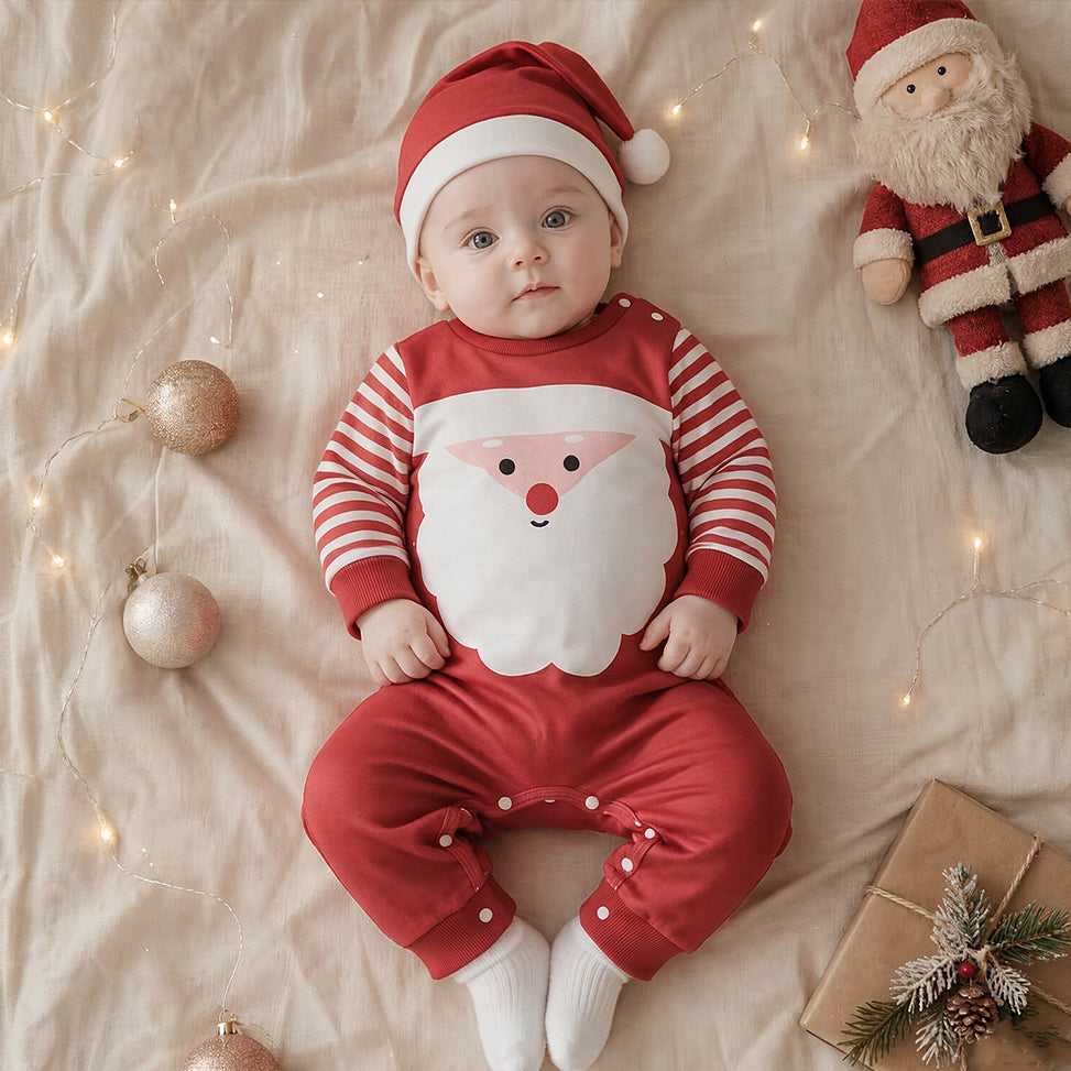 2PCS Sweet Santa Stripe Print Long Sleeve Baby Christmas Jumpsuit