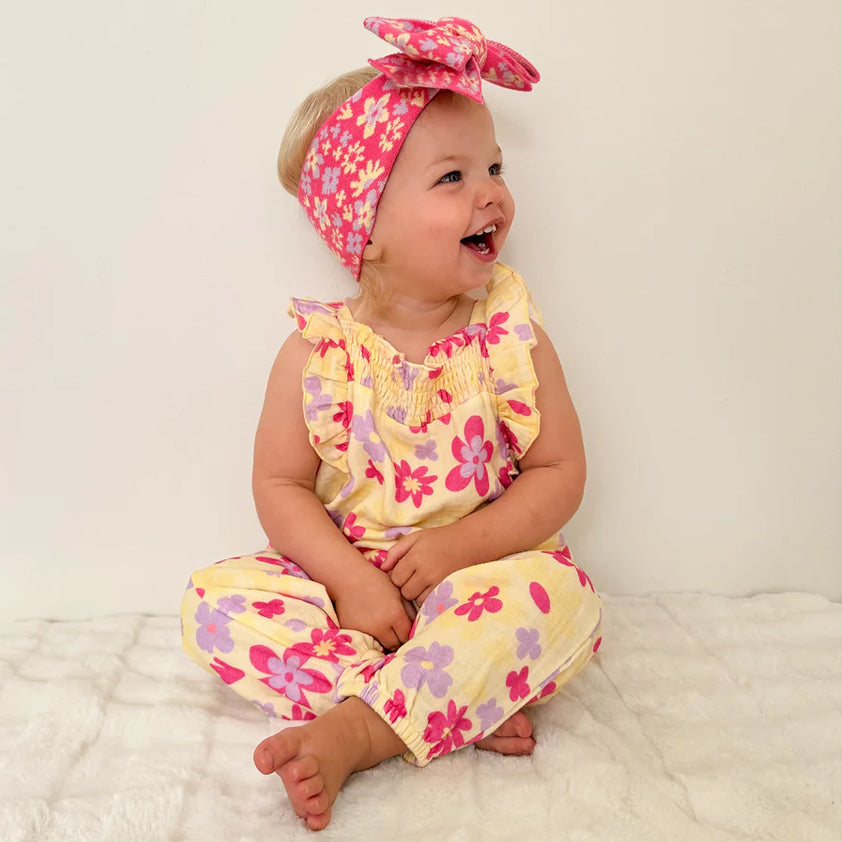 Charming Floral Print Flounce Sleeve Baby Jumpsuit