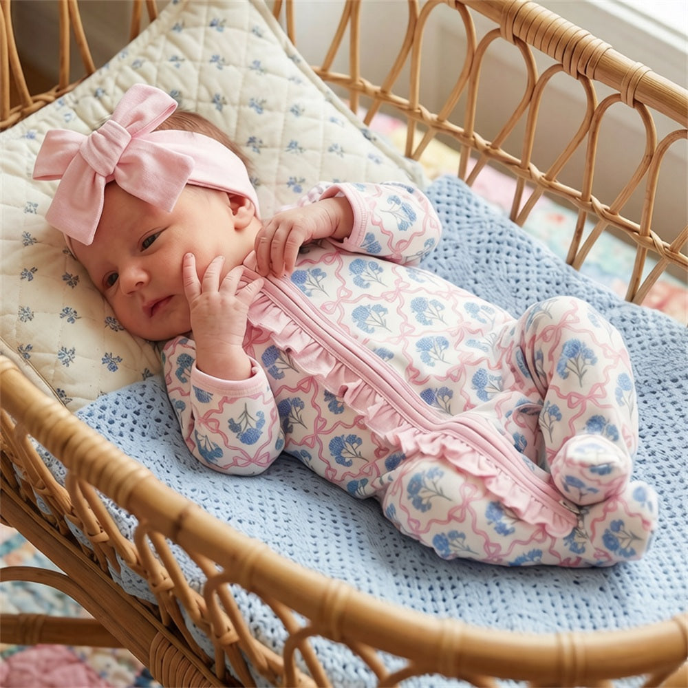 2PCS Adorable Floral Print Ruffle Zipper Long Sleeve Baby Jumpsuit