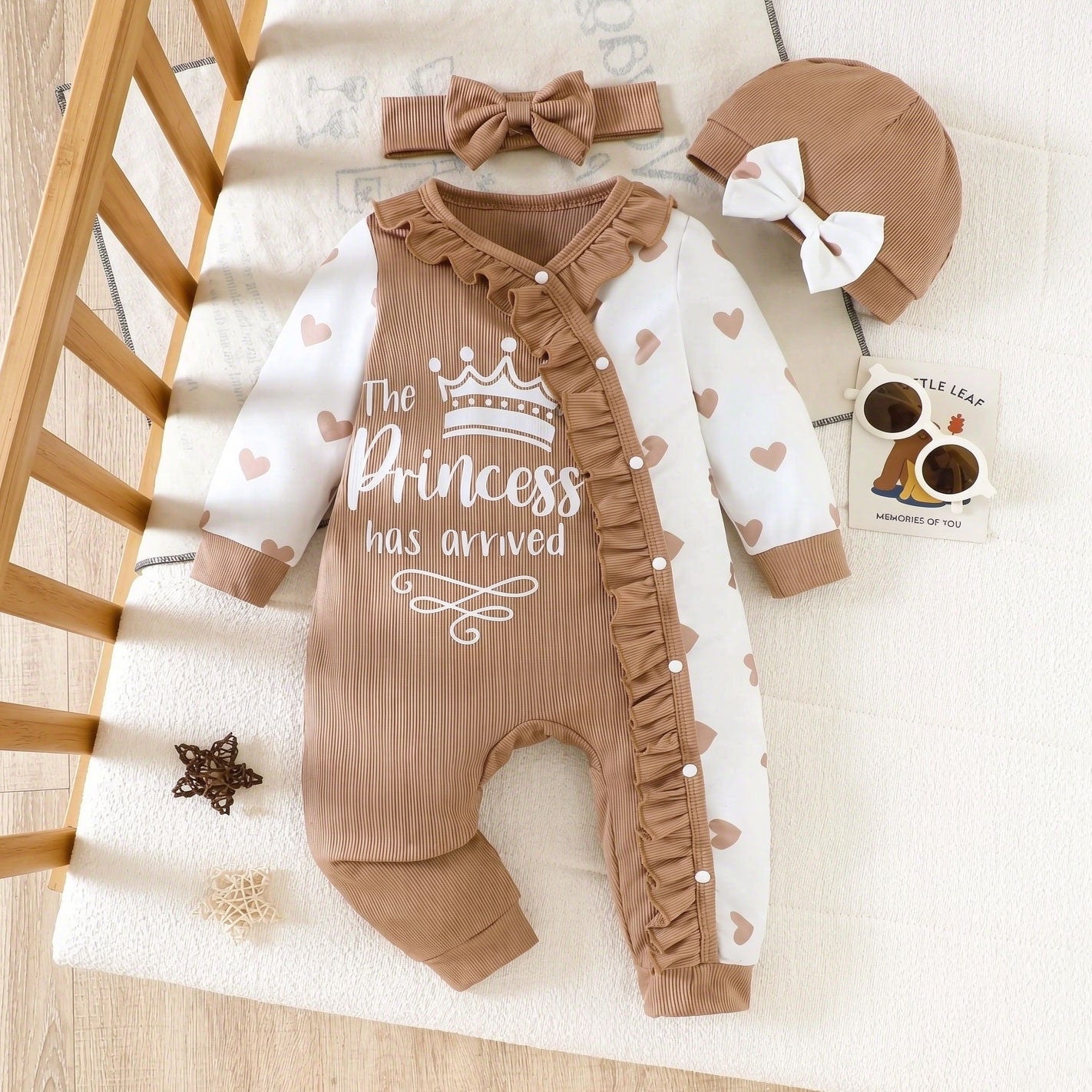 3PCS Sweet The Princess Has Arrived Letter Heart Printed Baby Jumpsuit