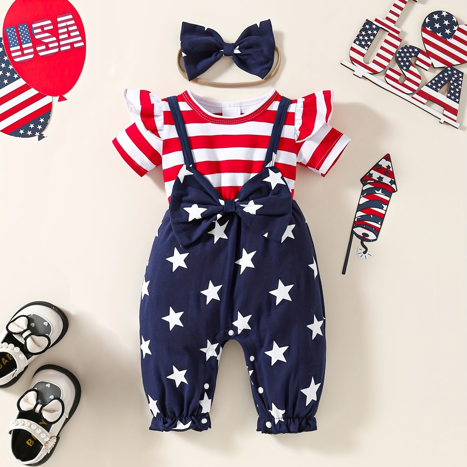 2PCS Independence Day Style Printed Sleeveless Baby Jumpsuit