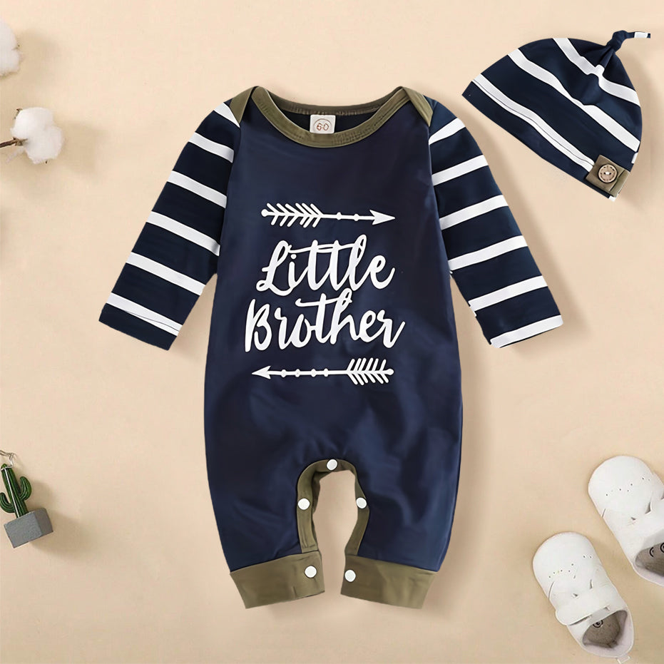 2PCS Little Brother Letter Stripe Printed Long Sleeve Baby Jumpsuit