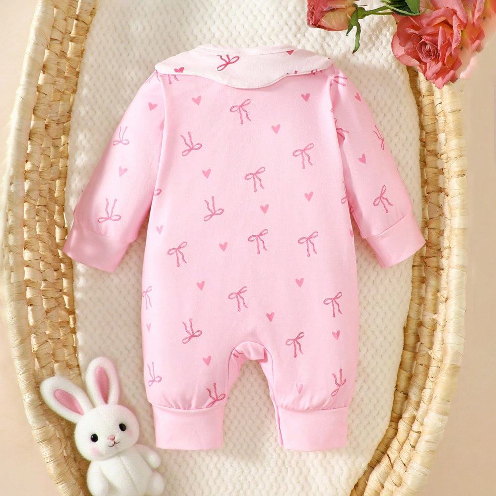 Stylish Bow Printed Long Sleeve Zipper Baby Jumpsuit