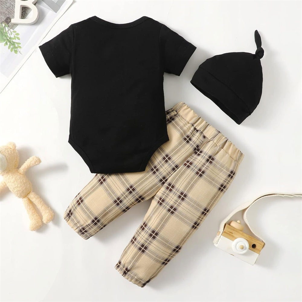 3PCS Mama's Boy Little Bear Embroidery Letter Plaid Print Baby Set