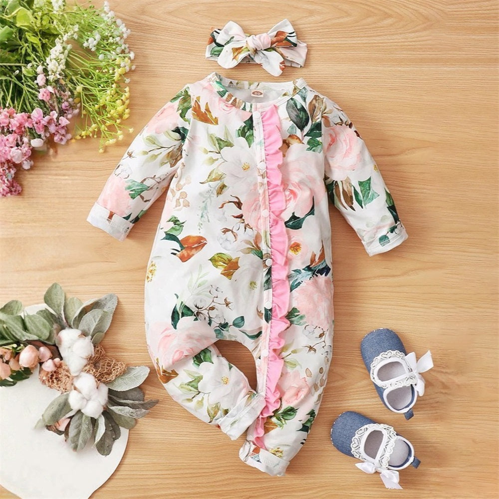 2PCS Floral Print Frill Trim Long Sleeve Baby Jumpsuit