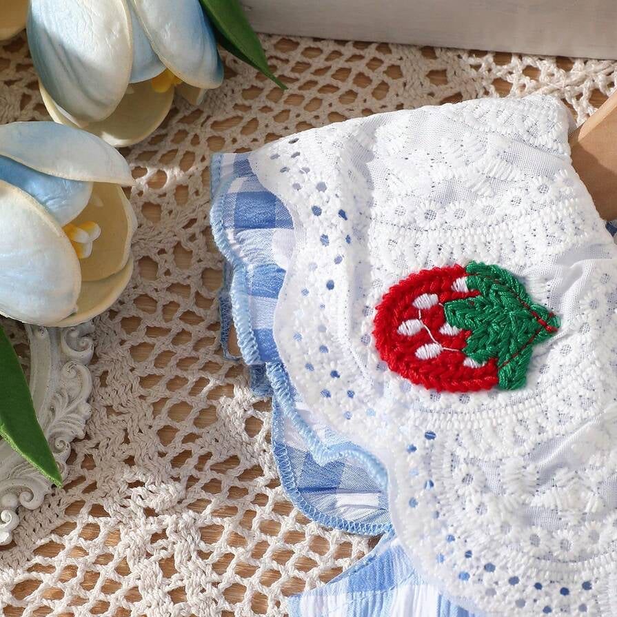 Strawberry Embroidery Plaid Print Flutter Sleeve Baby Jumpsuit