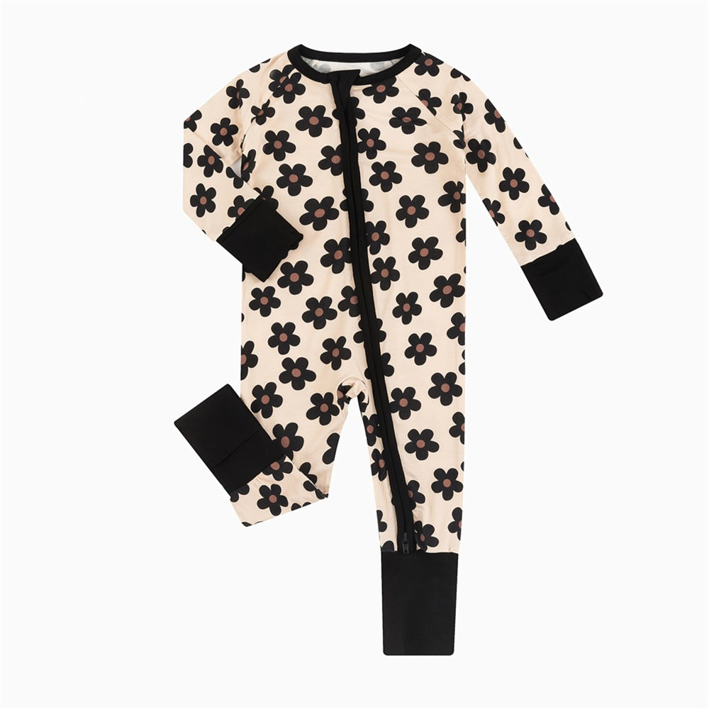 Cute Floral Print Long Sleeve Zipper Baby Jumpsuit