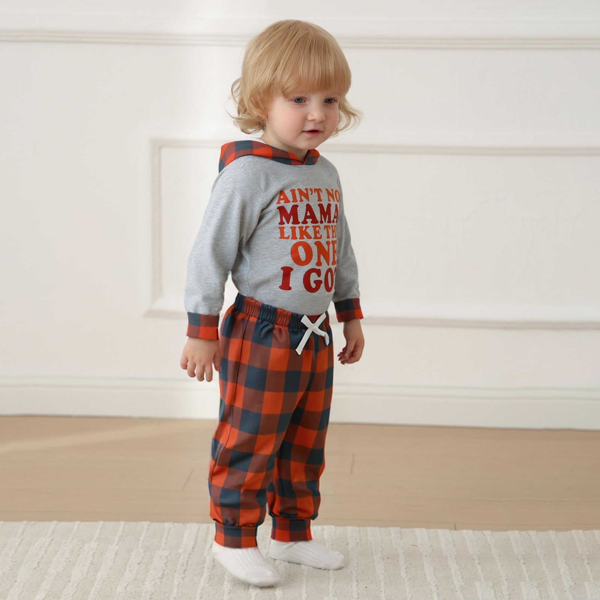 2PCS Ain't No Mama Like The One Letter Plaid Printed Hoodie Baby Set