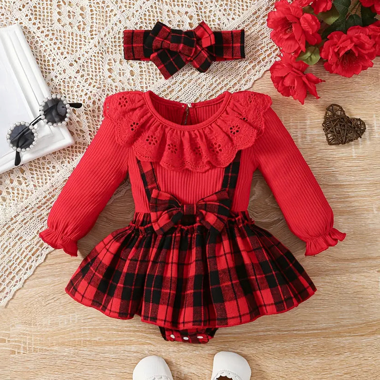 2PCS Elegant Christmas Plaid Printed Long Sleeve Lace Baby Romper