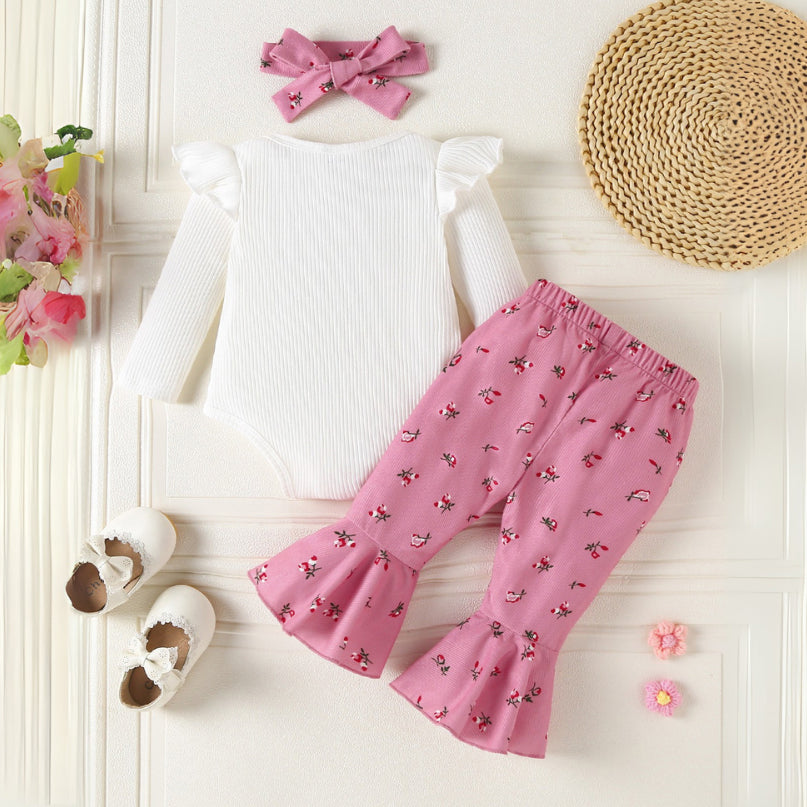 3PCS Sweet Floral Heart Printed Long Sleeve Baby Set
