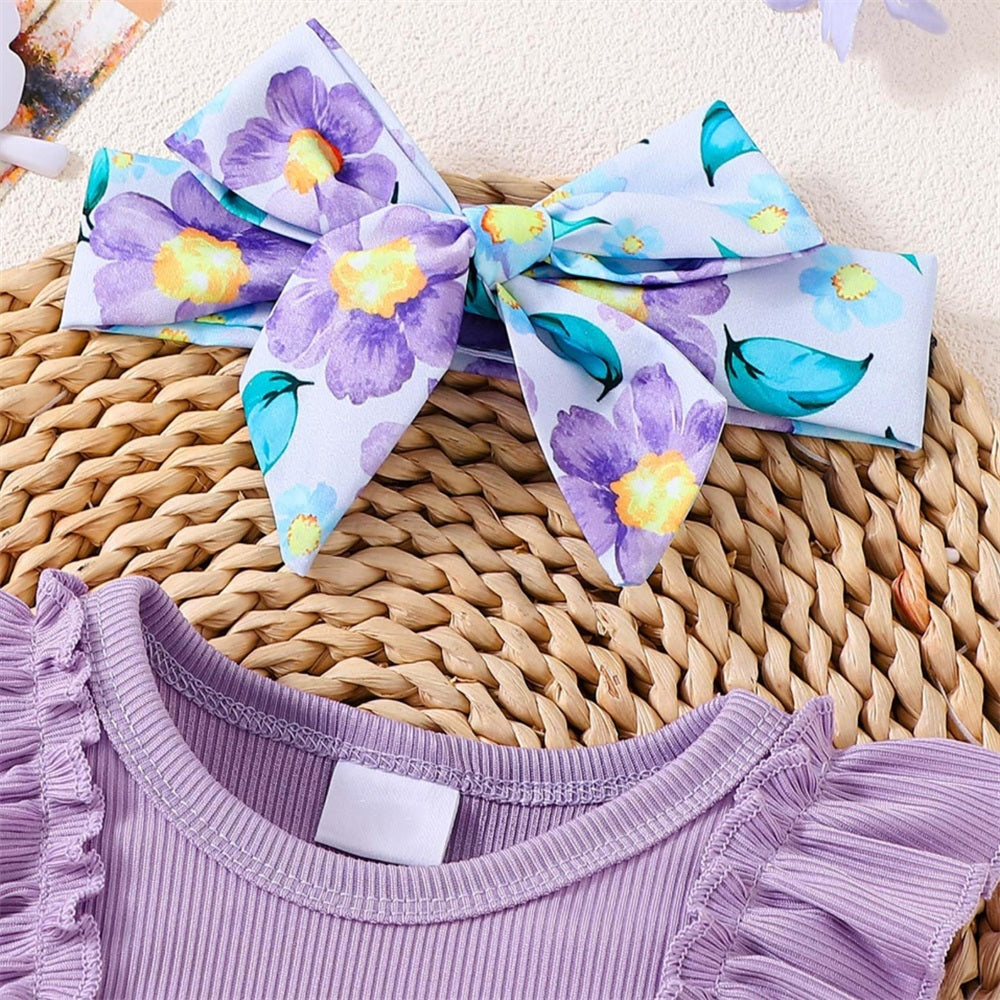 3PCS Casual Floral Printed Ruffled Sleeveless Baby Set