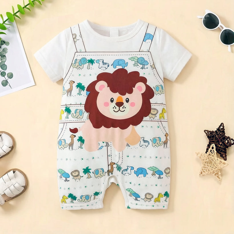 Adorable Lion & Safari Animal Print Short Sleeve Baby Jumpsuit