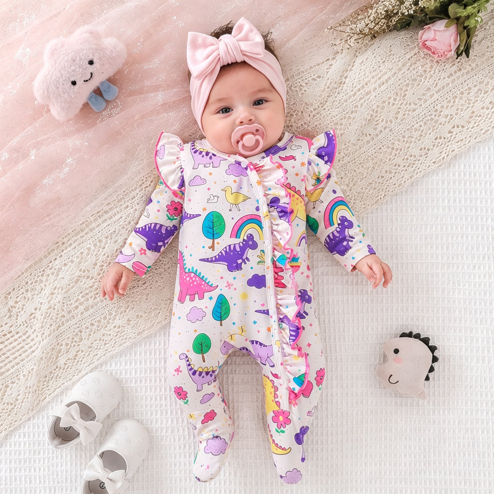 Unisex Baby Dinosaur Print Long Sleeve Ruffle Footed Romper