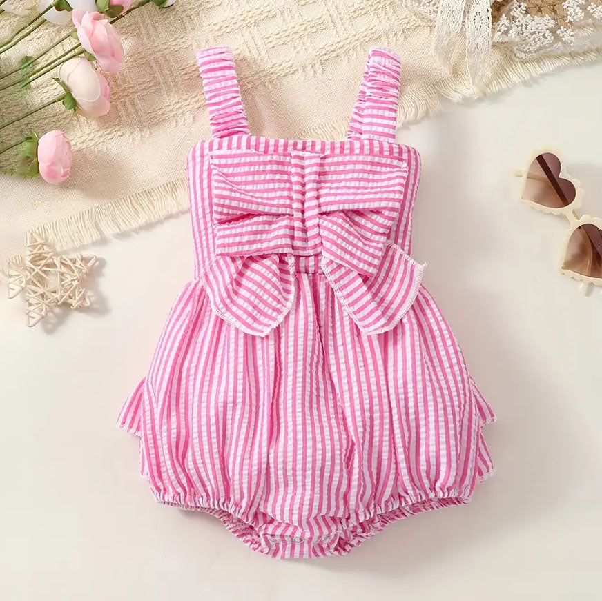 Stylish Stripe Printed Sleeveless Bow Decoration Baby Romper