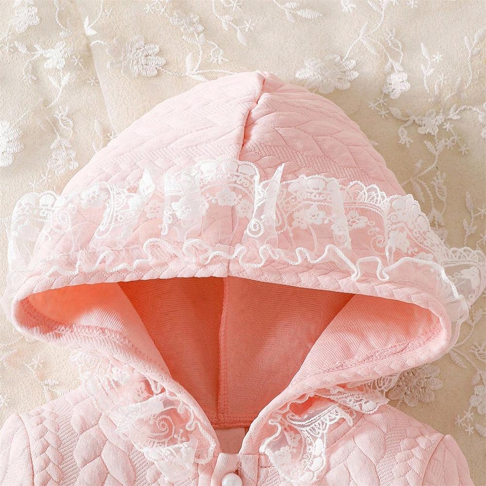 Casual Solid Color Lace Trim Long Sleeve Baby Hooded Jumpsuit
