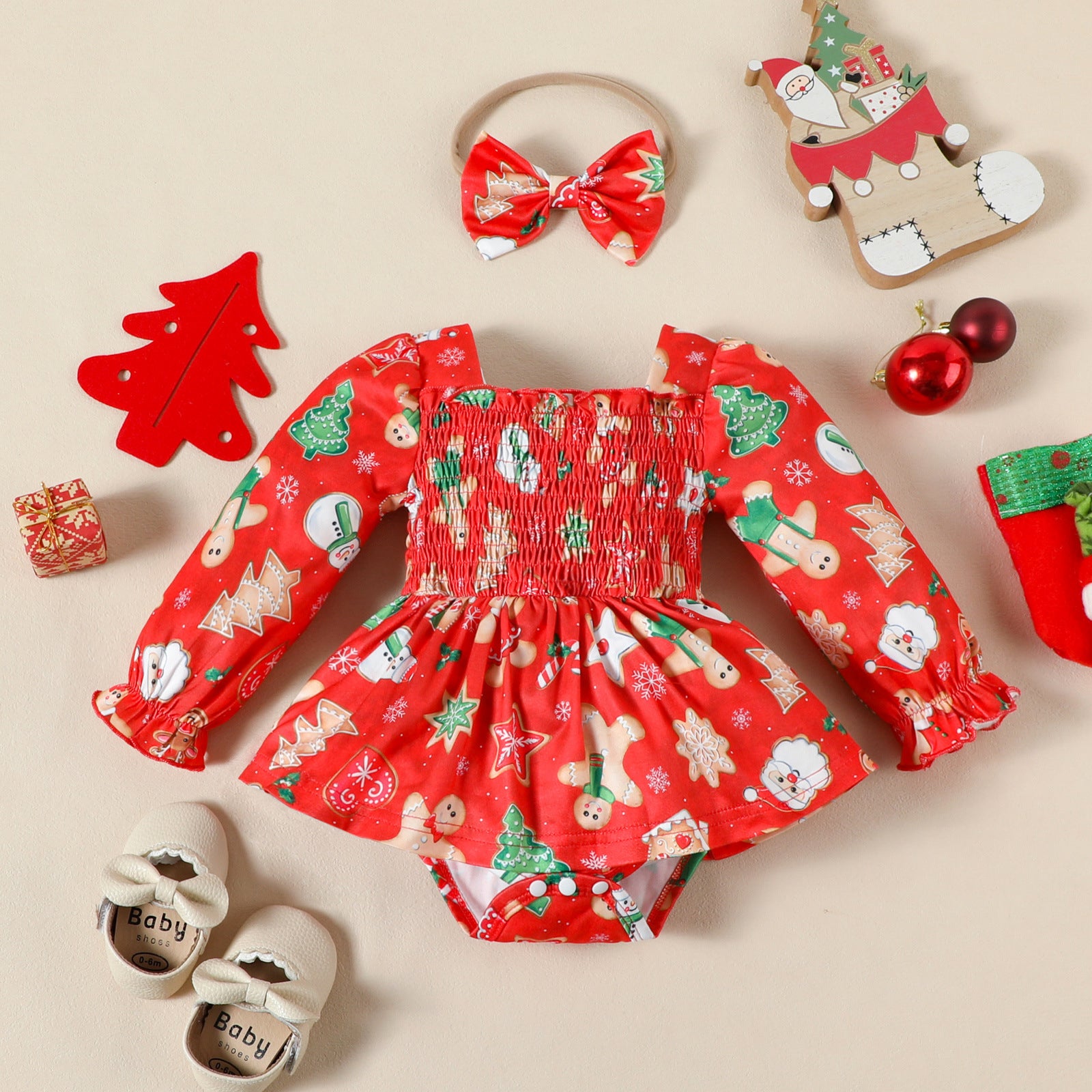 2PCS Santa Claus Printed Long Sleeve Baby Romper