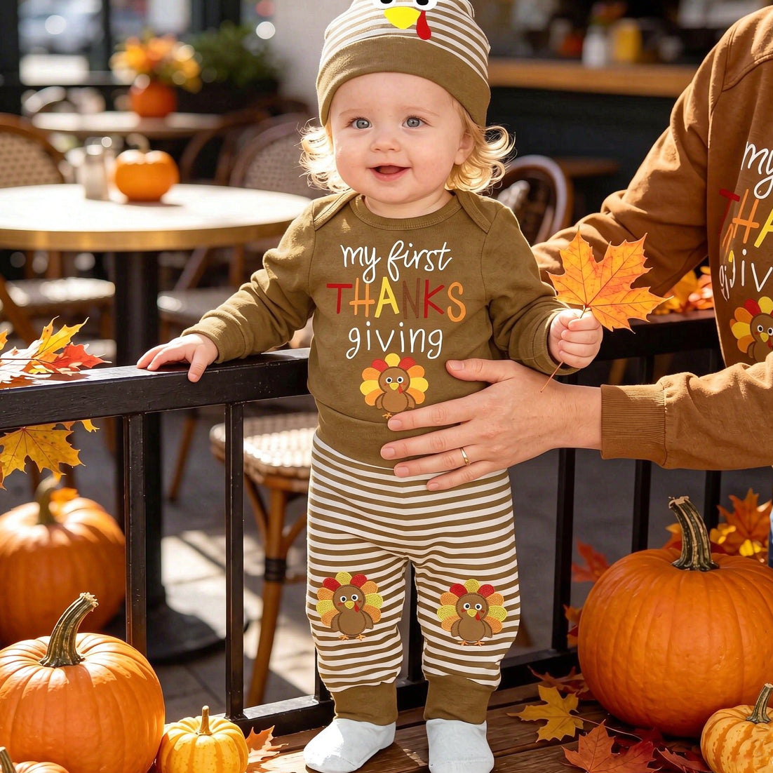 3PCS Lovely My 1st Thanksgiving Letter Turkey Stripe Print Baby Set