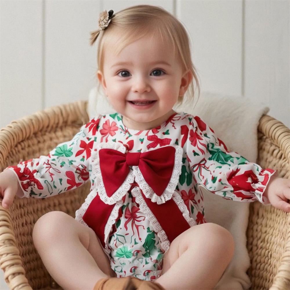 Christmas Bow Print Long Sleeve Baby Girl Romper