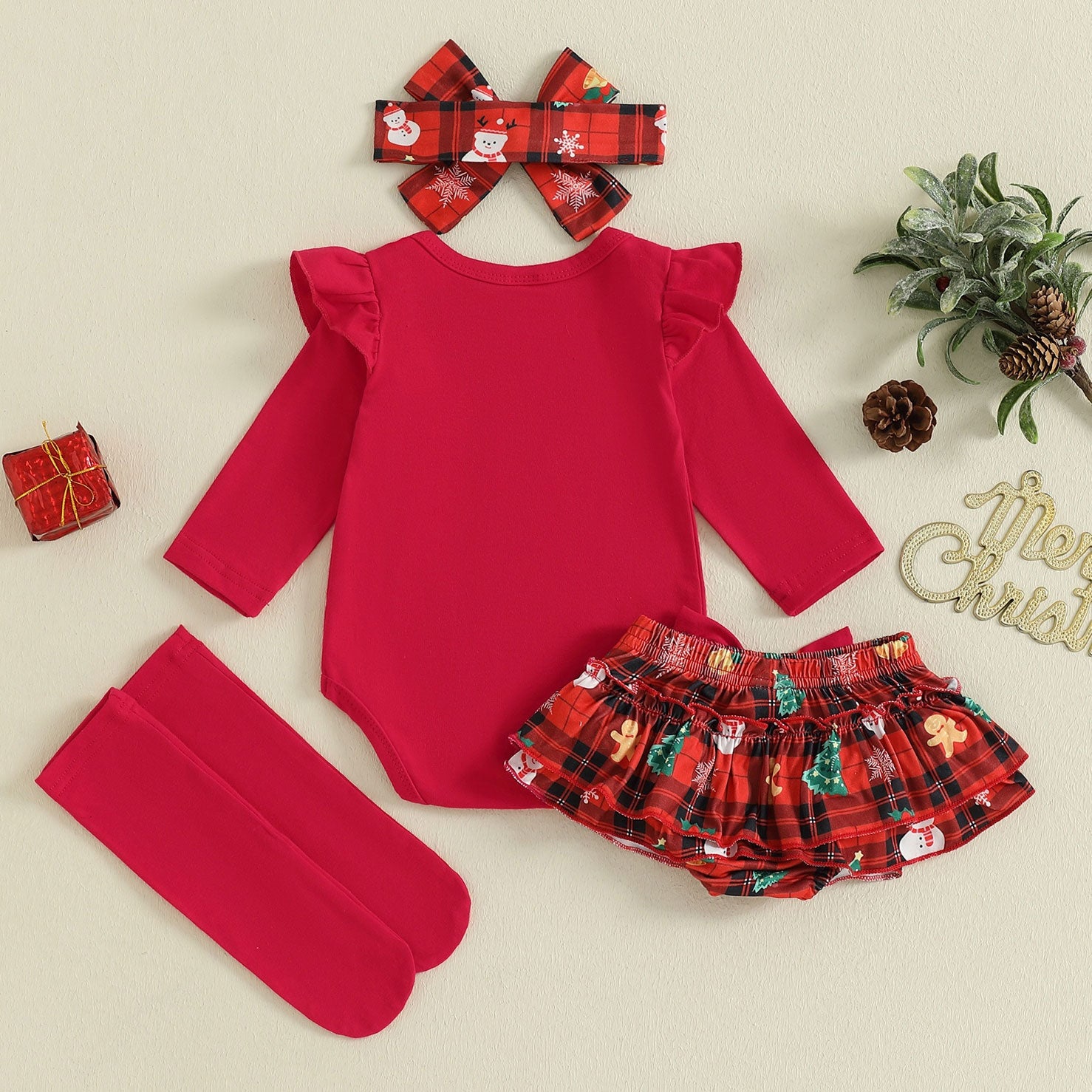 4PCS My 1st Christmas Letter Plaid Printed Long Sleeve Baby Set