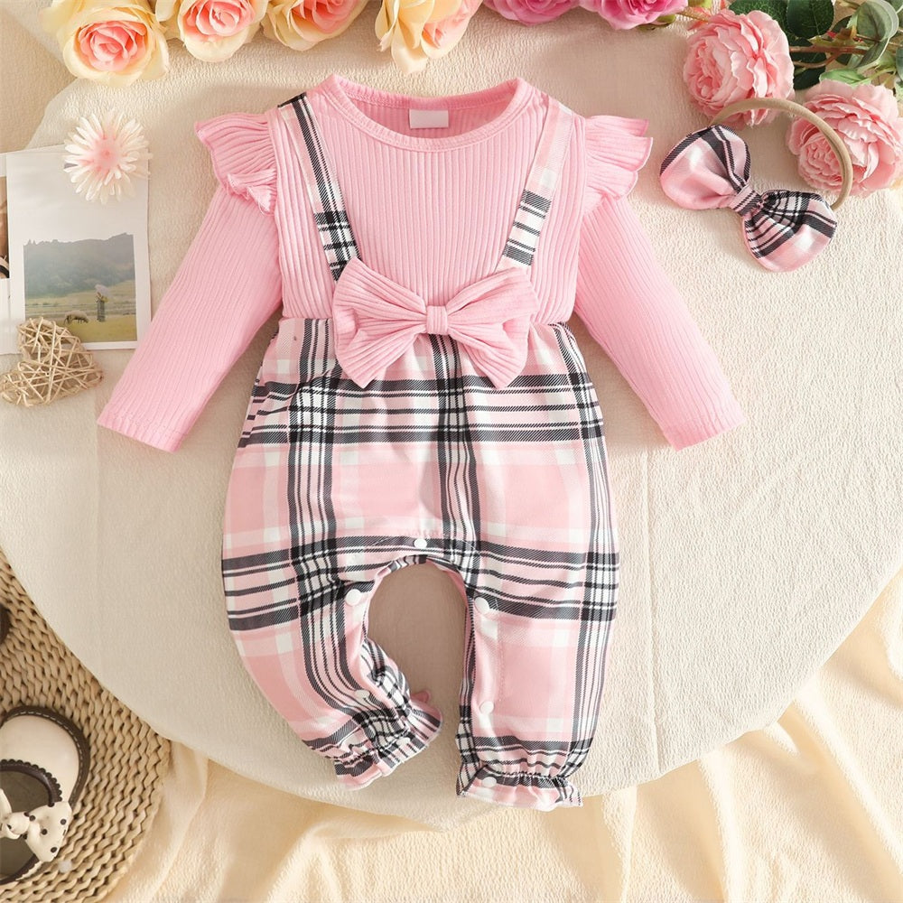 2PCS Sweet Plaid Printed Long Sleeve Baby Girl Jumpsuit