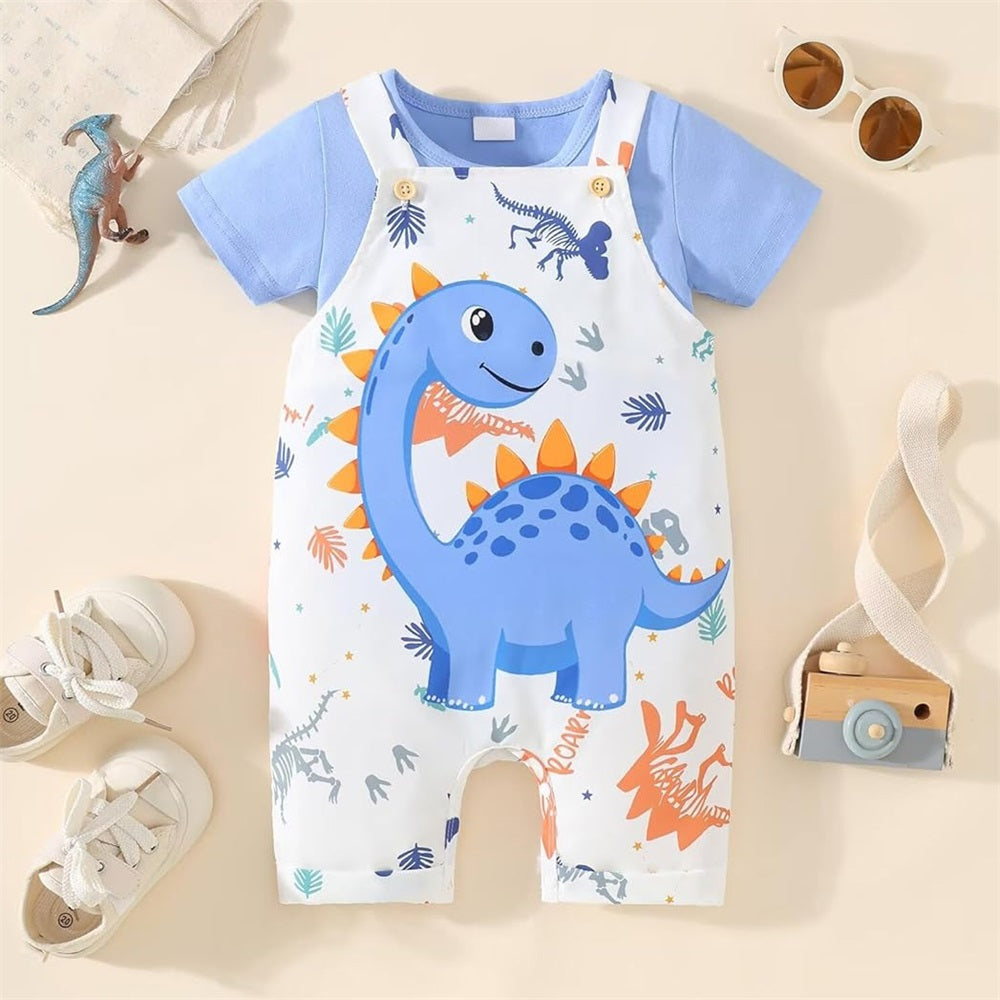 2PCS Summer Dinosaur Printed Short Sleeve Baby Overalls Set