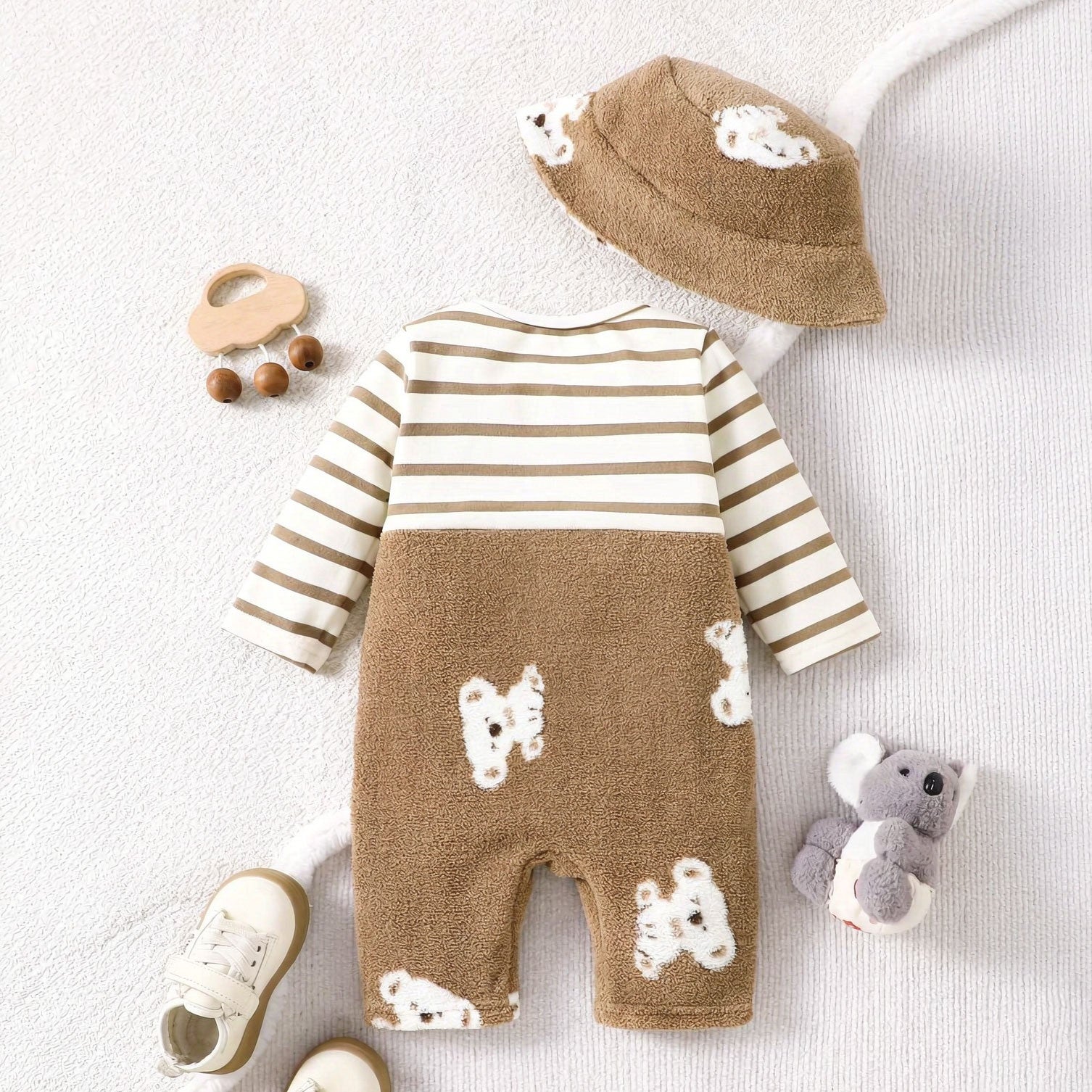 2PCS Faux-Layered Koala and Stripe Printed Baby Sherpa Jumpsuit