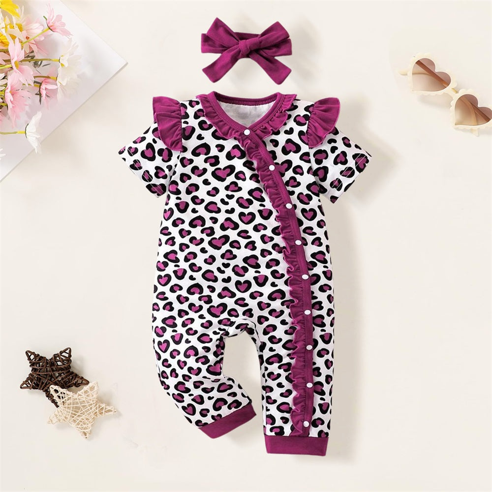 2PCS Leopard Printed Frill Trim Short Sleeve Baby Jumpsuit