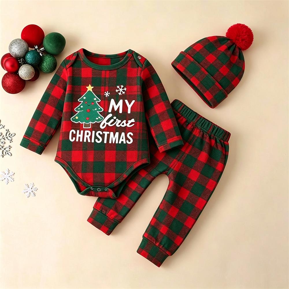 3PCS My First Christmas Tree Letter Plaid Print Baby Set