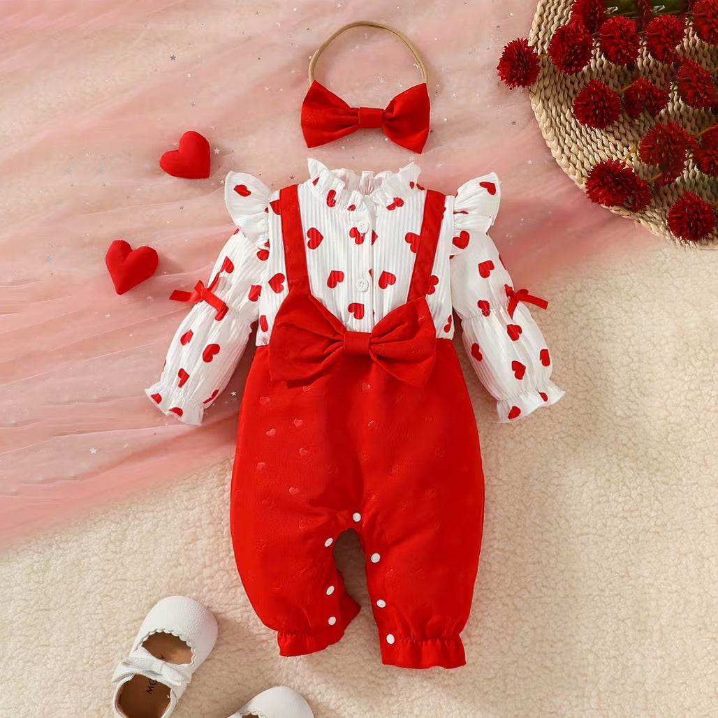 2PCS Stylish Heart Print Long Sleeve Baby Jumpsuit