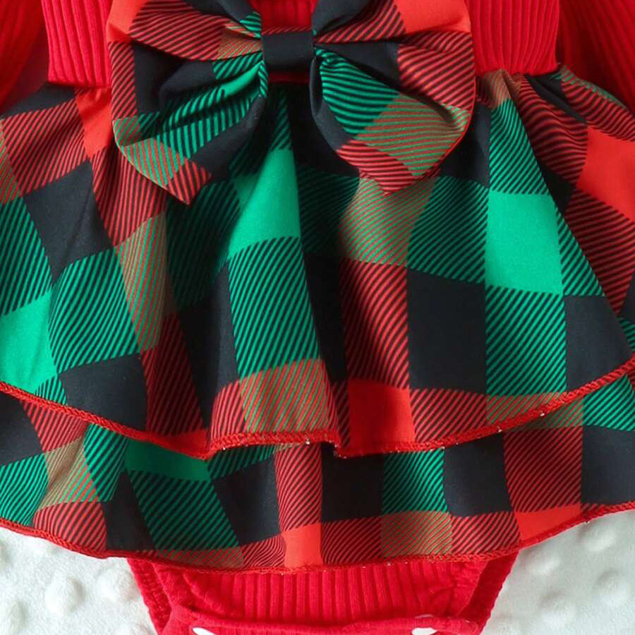 2PCS Pretty Christmas Plaid Printed Long Sleeve Baby Romper