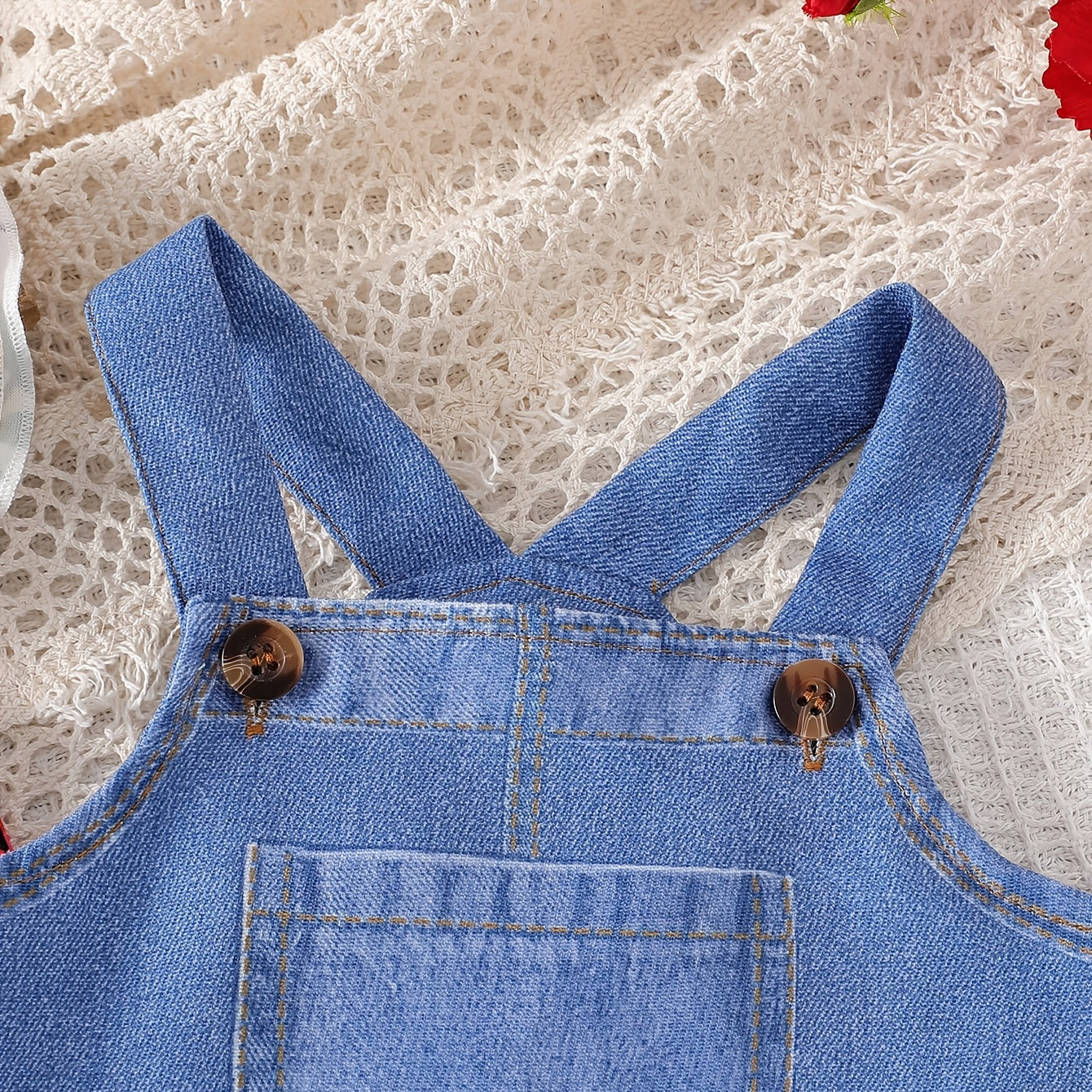 2PCS Cute Ladybug Floral Print Denim Baby Overalls Set