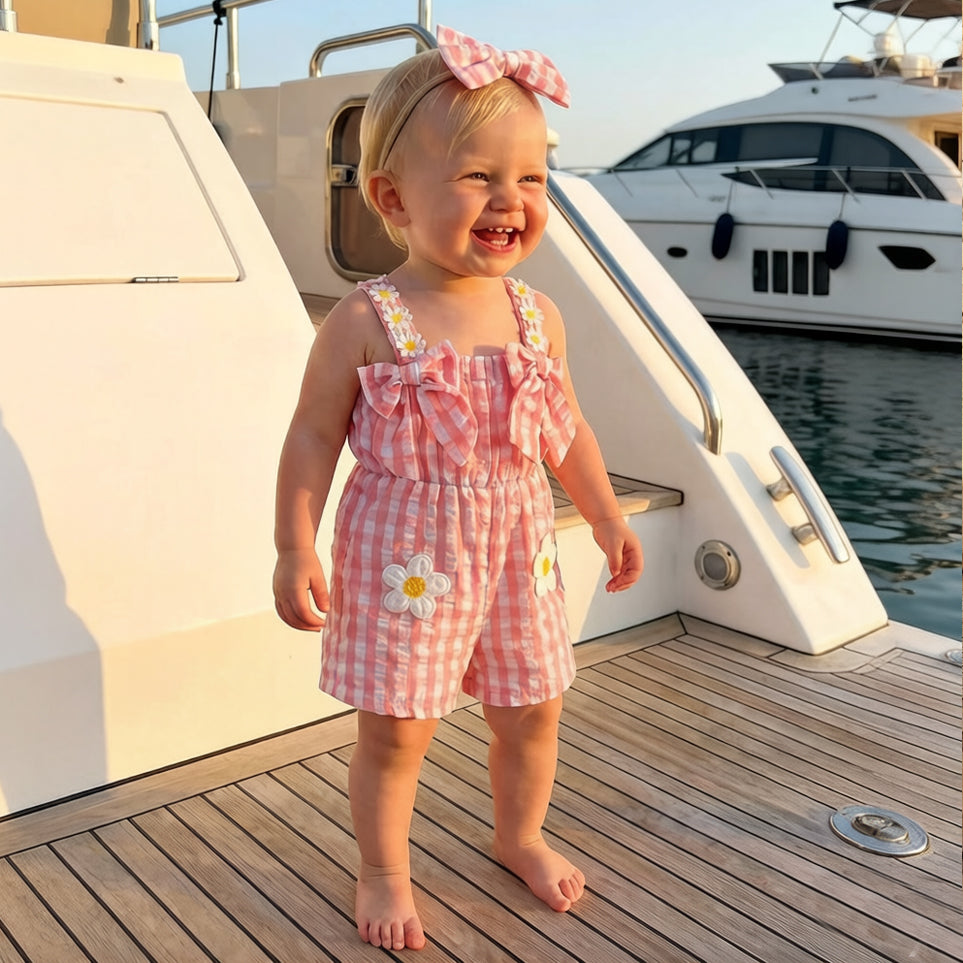 2PCS Pretty Floral Appliqué Plaid Print Sleeveless Baby Jumpsuit