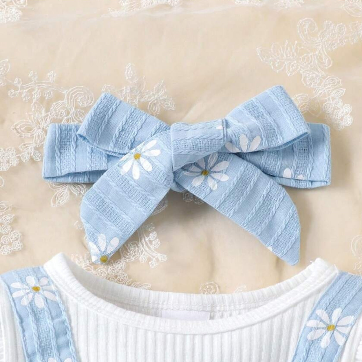 2PCS Sweet Daisy Print Bow Long Sleeve Baby Jumpsuit