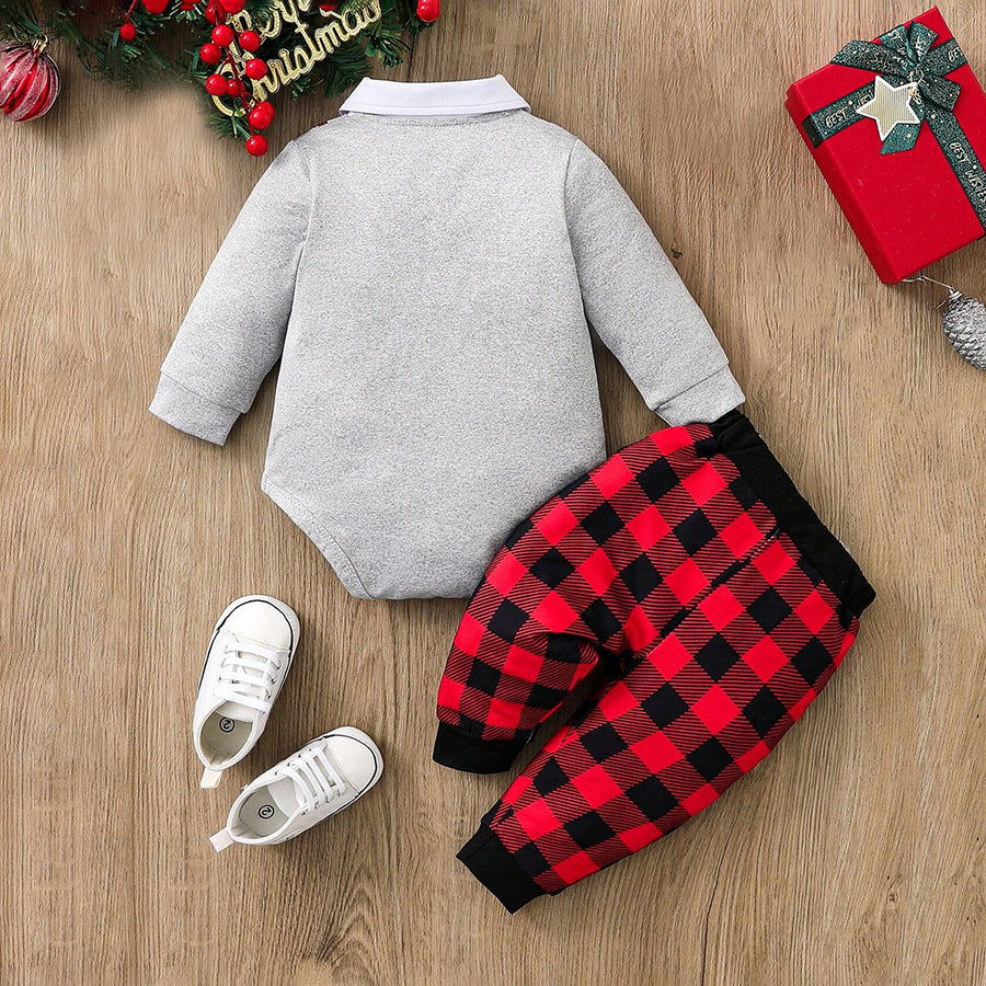 2PCS Santa Claus Plaid Printed Long Sleeve Baby Set